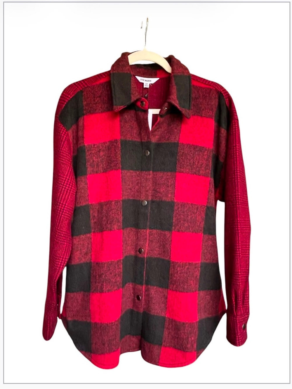 Steve Madden Womens M Red Black Buffalo Plaid Shacket Snap Shirt Jacket NWT